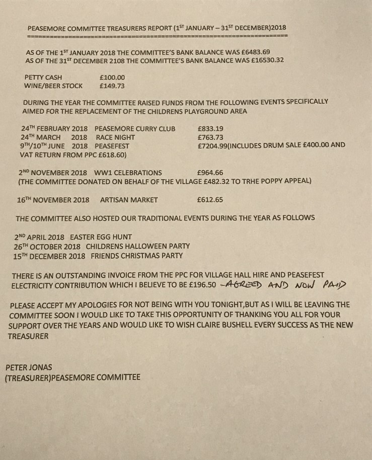 PeasemoreCommittee AGM2019 TreasurersReport Tnail
